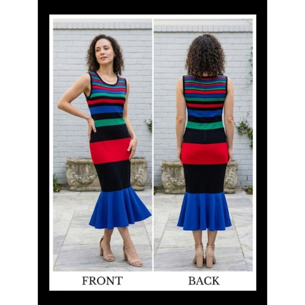 REPHYLLIS Striped Mermaid Hem Knit Midi Dress Multicolor XL